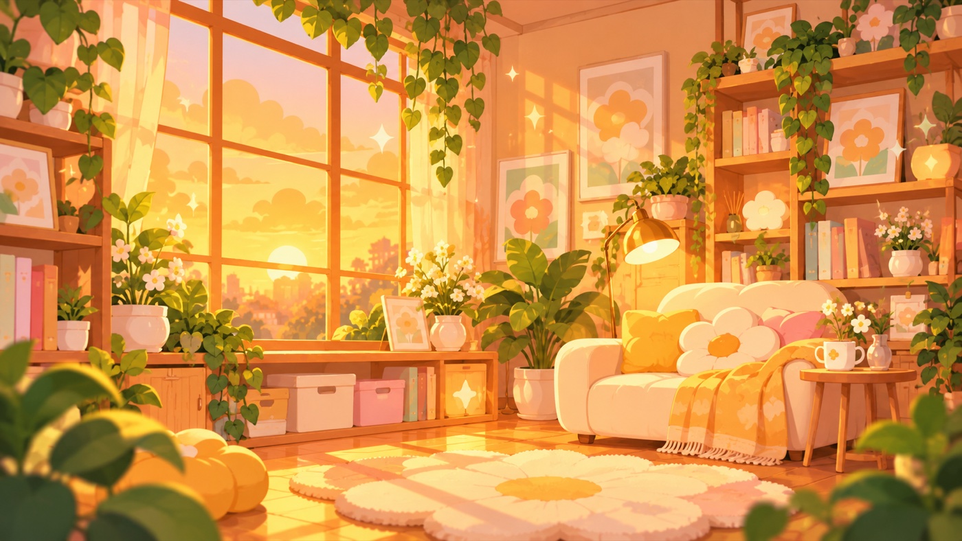 溫暖工作室插畫：夕陽灑入房間，綠色植物、花朵、沙發與花朵地毯。